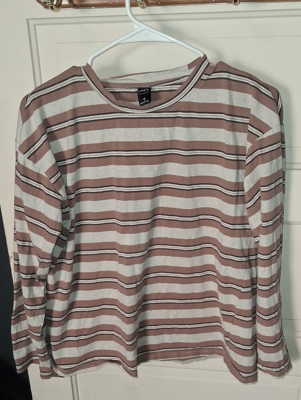Striped Long-Sleeve Tee in Taupe and White - Womans